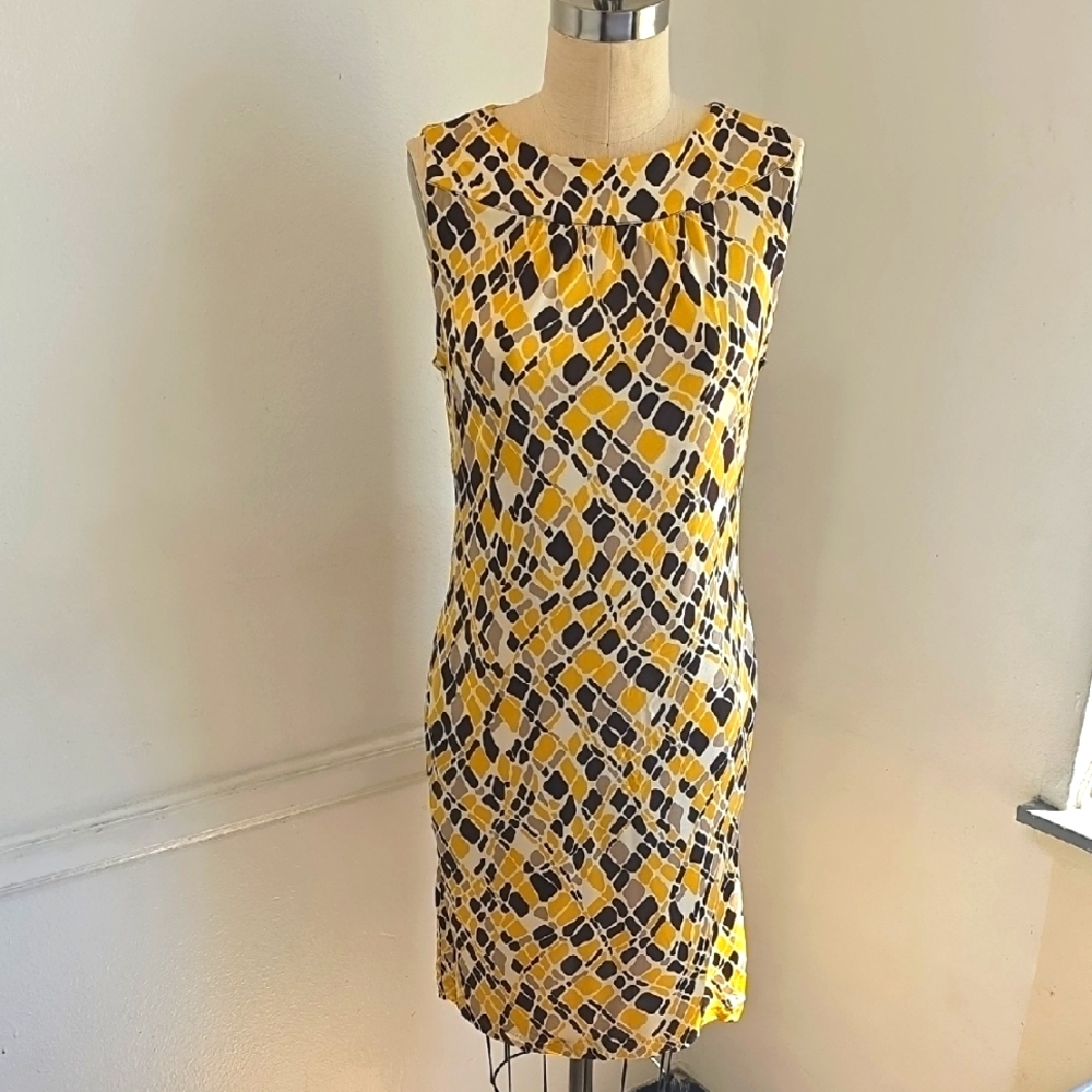 🌸Tory Burch 100% Silk Yellow and Brown Geometric Print Dress‎
